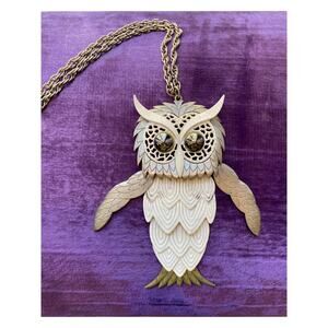 vintage 1970s owl necklace articulated pendant 70s novelty jewelry statement